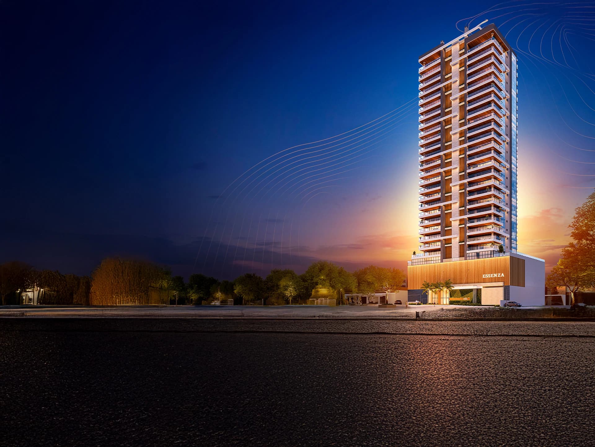 Fachada do empreendimento Essenza ao entardecer